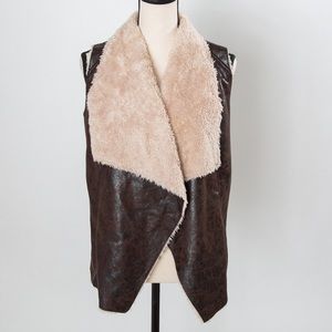 Faux leather & faux fur drape style vest chocolate brown & tan RD Style S